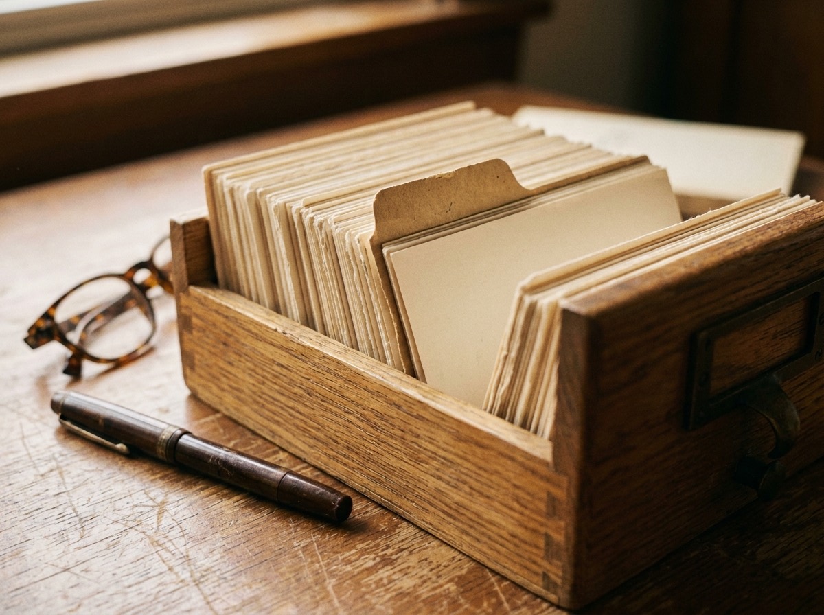 An open wooden card-catalog drawer of blank index cards with a hand-cut divider tab, a fountain pen and reading glasses beside it on a worn desk.