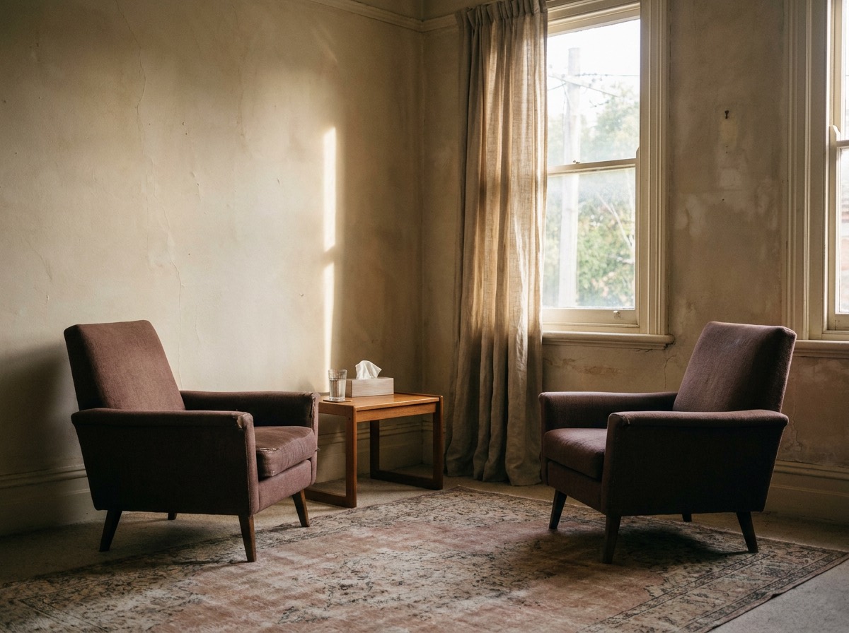 A plain therapy room with two armchairs facing each other, a low wooden table with water and tissues, and afternoon light through a tall window.