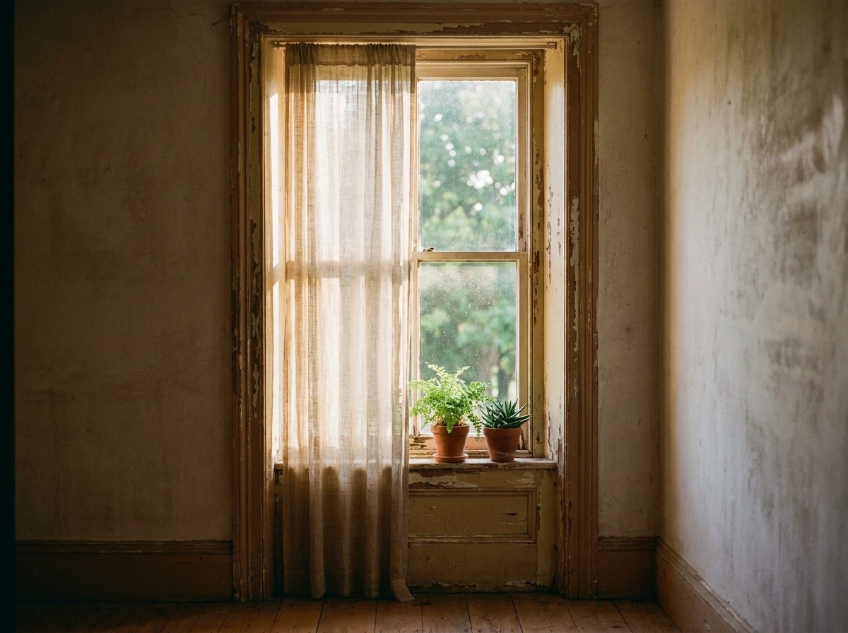A tall sash window with a half-drawn linen curtain and two potted plants on the sill, afternoon light coming through.